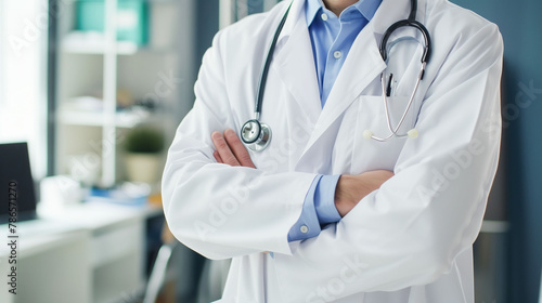 Doctor in white lab coat with stethoscope stands with crossed arms in clinic, exuding confidence and readiness