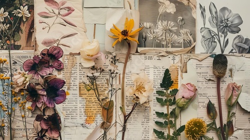 vintage botanical illustration collage with antique floral drawings pressed flowers old book pages and ephemera