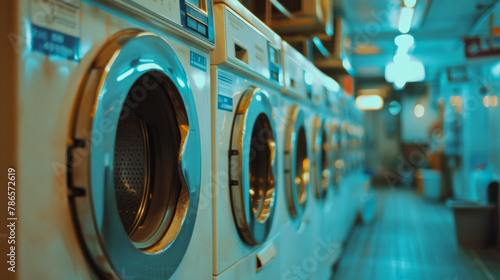 White washing machines fill the scene with cinematic perspective