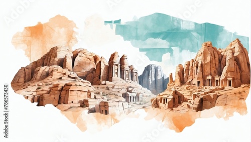 Petra and Amman cityscape double exposure contemporary style minimalist artwork collage illustration.