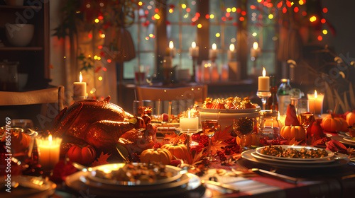 A cozy family gathering around a Thanksgiving dinner table, beautifully decorated with autumn leaves and candles