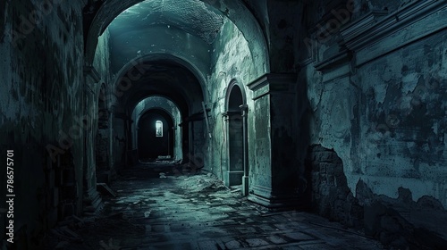 Dark and labyrinthine catacombs beneath an abandoned monastery. Gloomy place, ghosts, paranormal, gothic, middle ages, ruins, dust, dampness, underground structure, mysticism, fear. Generative by AI