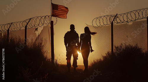 A man and woman are seen in silhouette after breaching a border fence on the southern border of the USA. They have gone through a broken barbed wire fence. A USA flag can be seen in the distance
