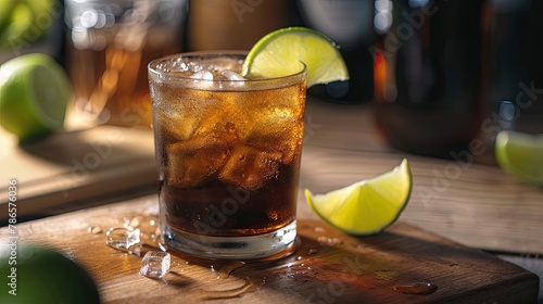 Classic rum and coke cocktail served with wedge of lime, glass, club, bar, wood. Casual evening in stylish place where people enjoy aromatic drinks and company of friends concept. Generative by AI