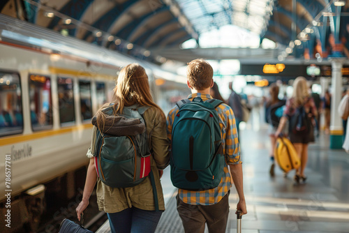 Couple with backpacks walking in train station, journey together concept