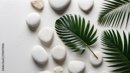 Green palm leaf and white pebbles on white background, flat lay