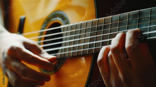 Close up of a person playing a guitar. Suitable for music-related designs