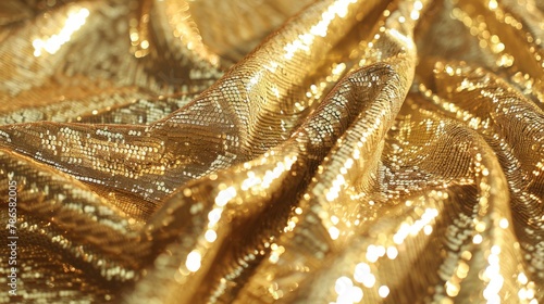 Gold sequin fabric background with a crumpled texture. The golden dress shines with glamour, reflecting light in a luxurious pattern.