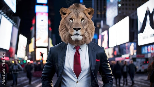 Surreal Image of a Man with a Lion’s Head Dressed in a Business Suit Standing Confidently in the Bustling Times Square at Night Amidst Bright Billboards