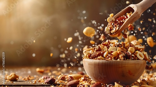 A scoop full of healthy nuts mixture pouring on brown background