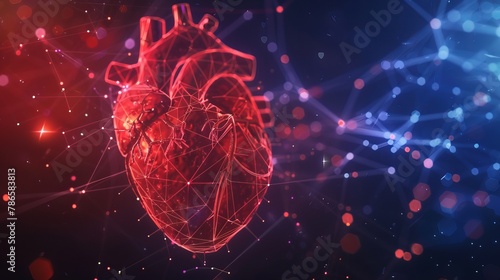 Red human heart with wireframe structure. Healthcare and medical concept in low poly art style. Geometric background with light connections. Modern 3D graphic design.