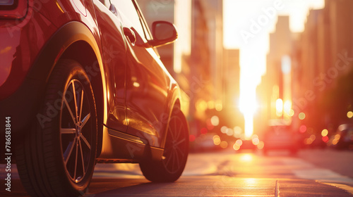 A sleek, compact electric mini car parked in a bustling urban environment, with the sun setting behind the cityscape. The natural light casts long, soft shadows, emphasizing the ca