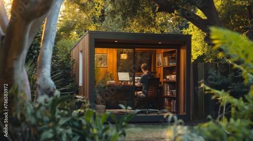 Person engaged in remote work inside a cozy, well-lit backyard shed turned office