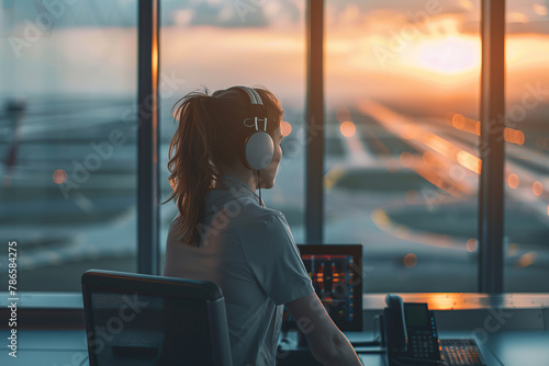 Female controller working at air traffic control in airport tower