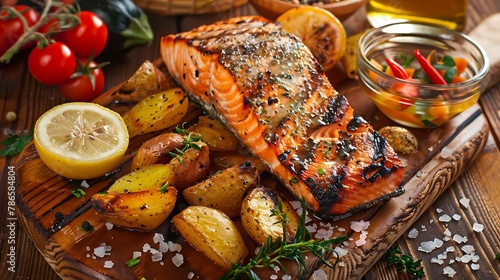 Barbecued salmon fried potatoes and vegetables on wooden background
