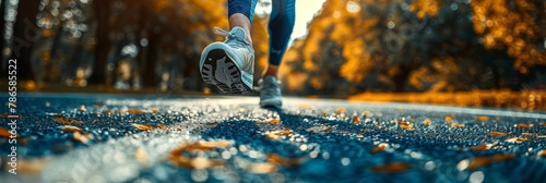 Marathon runner's sneakers in action on asphalt. Fitness journey depiction.