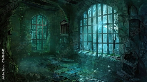 Damp and musty dungeon chamber with a barred window offering. Prison cell, ghosts, paranormal, gothic, middle ages, ruins, dust, dampness, underground structure, mysticism, fear. Generative by AI