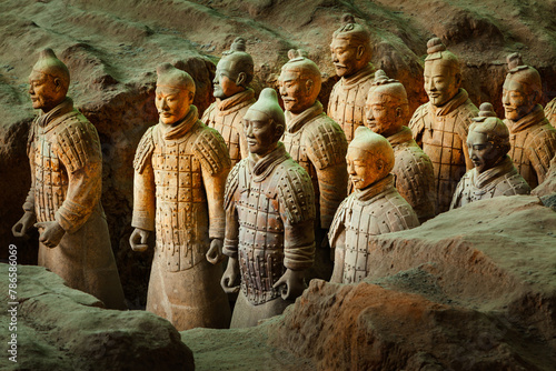 Terracotta army in Xi'An, China; row of warriors