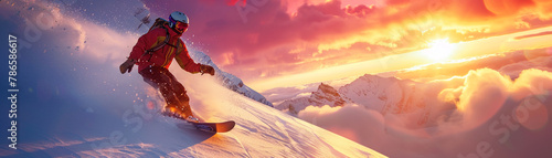A breathtaking scene of a snowboarder racing down a mountain at sunset the colors of their snowboard reflecting the fiery hues of the sky