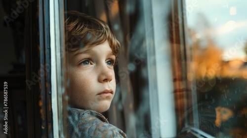 A young boy gazing out of a window, suitable for various concepts and designs
