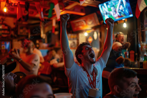 Ecstatic fan cheering at a sports bar, the thrill of the game elevating spirits