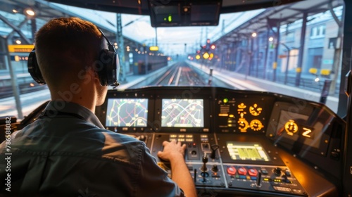 Train Operator at the Controls During Twilight Hours