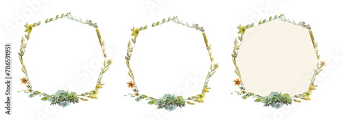 Wildflowers octagonal watercolor frame isolated illustration with thin spikelets and twigs. Hand painted meadow wild flower floral wreath with white and beige background for invitation and template.
