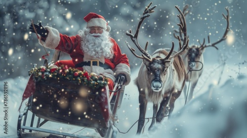 Festive Santa Claus in sleigh with reindeers, perfect for holiday designs