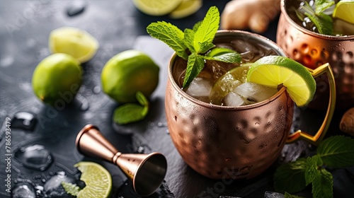 Ice-cold Moscow mule cocktail served in copper mug with ging and lemon. Alcohol, glass, bar, club, quality drink, cocktail. People enjoy aromatic drinks, company of friends concept. Generative by AI