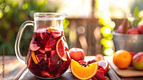 Fruity sangria pitcher filled with fresh sliced fruit, red wine. The establishment signature drink, affordable beverage, homemade cocktail, vitamins, healthy eating, natural product. Generative by AI
