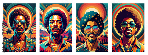 Featuring retro vintage fashion and style set. Afro hippie man in a cool pop art graphic design. Vibrant artwork of a 70s hippie with an afro, sunglasses, and disco elements