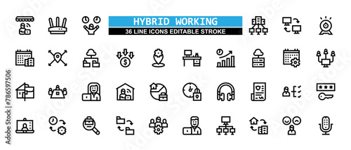 36 Hybrid Working Line Icons Set Pack Editable Stroke Vector Illustration.