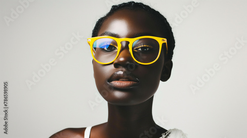 Mulher usando óculos com armação amarelo no fundo branco