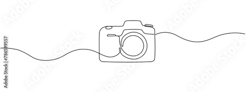 One continuous editable line drawing of a professional camera. Line vector illustration