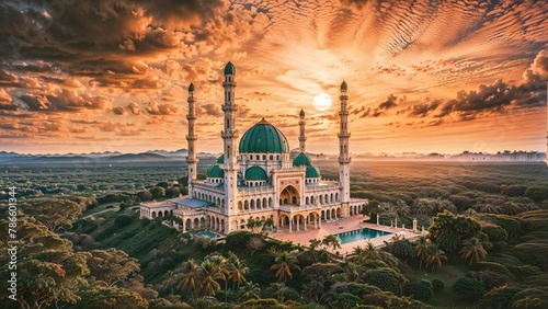 Mosque in the middle of a green meadow at sunset.
