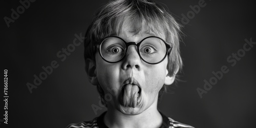 A young boy with glasses making a silly expression. Perfect for humor and children's themes