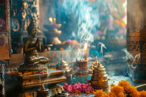 A statue of Buddha sits on a small table with candles and incense