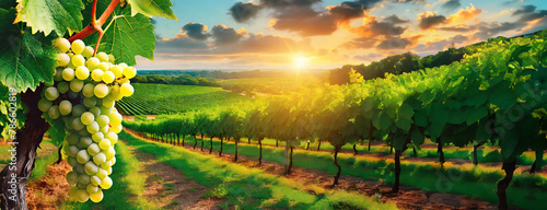 Grapes hang in a vineyard at sunset, highlighting the richness of the wine country. The golden hour bathes the vineyard in a warm glow, underscoring the beauty and bounty of the grape harvest.