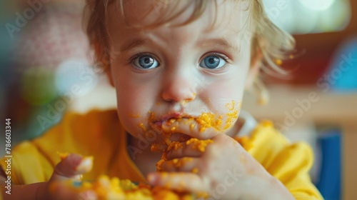 A young child eating a piece of food. Suitable for illustrating nutrition or childhood themes