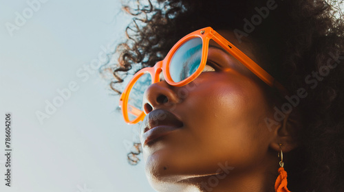 Mulher usando óculos com armação laranja no fundo branco
