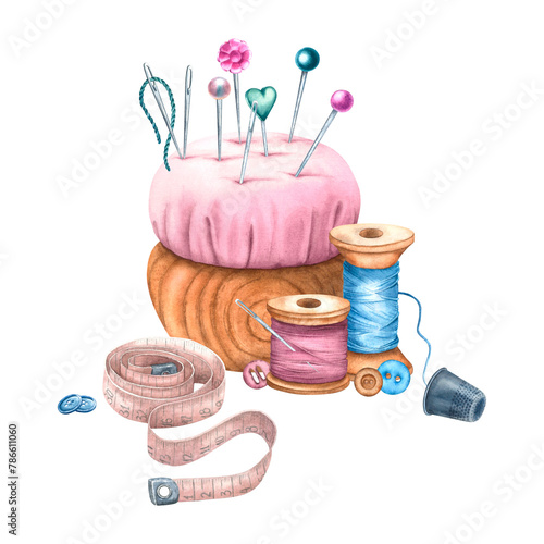 A pincushion with a thimble, blue, pink threads, buttons and a flexible tape measure. Hand drawn watercolor illustration isolated on white background. Hobby concept for handmade logos. Use for design.