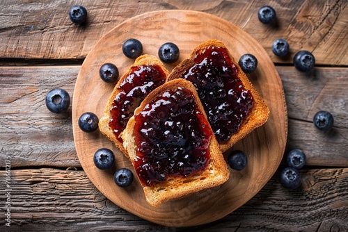Toast breads with sweet blueberry jam on wooden table