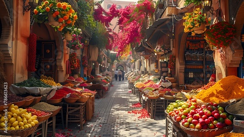 Journey to the heart of a bustling marketplace, where colorful stalls overflow with exotic spices, ripe fruits, and fragrant blooms.