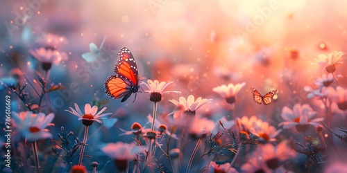 Beautiful Wild Flowers and Butterfly in Morning Haze Nature Landscape