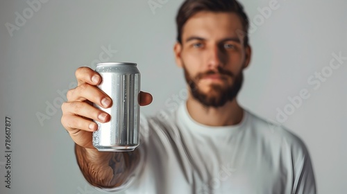 Casual Man Holding Aluminum Beverage Can on Clean White Background