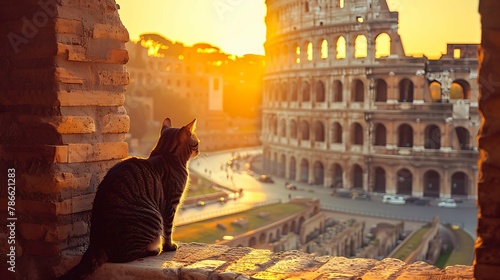cat on the top of the colosseum