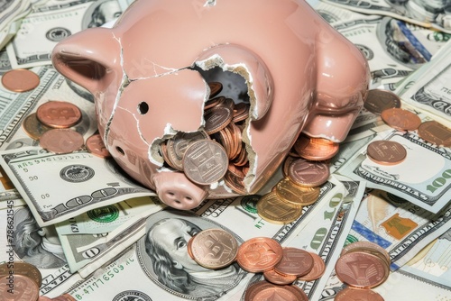 A shattered piggy bank atop various denominations of currency and coins, depicting financial loss or savings breakage.