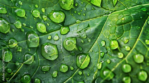 Transparent drops of water dew on leaf close up.Natural background