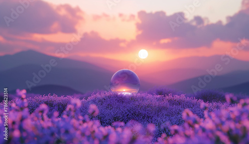 Endless fields of wild lavender with a glass sphere refracting the backdrop of a majestic sunset over a mountain range