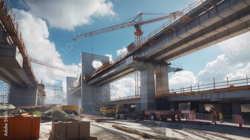 transporting large construction equipment as workers reinforce a bridge to accommodate the weight, capturing the intricate process with precision and expertise.